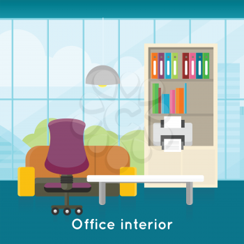 Office interior concept vector in flat style. Bright office room with modern furniture, workplace and urban view from window. Comfortable place for work. Illustration of modern business apartments des