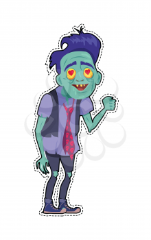 Zombie date. Character memphis sticker zombie with patch fashion pins isolated. Being greeting card. Creature fall in love, hearts in eyes. Valentines day. Halloween science fiction man in flat style
