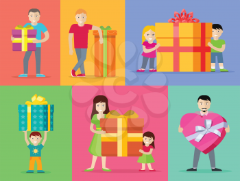 Happy peoples with presents. Smiling man, woman, kids, family standing with big gift box decorated ribbon and bow flat vectors. Birthday, valentine, christmas celebrating