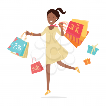 Woman shopping. Lady carries paper bags with text hot sale, big sale. Flat design. Smiling woman character with gift boxes. Pleasure of purchase. For sales and discounts. Vector illustration