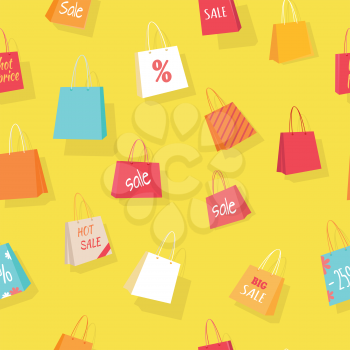 Big sale and discounts seamless pattern. Colorful paper shopping bags with text on yellow background flat vector illustration. For goods wrapping paper, labels, advertising printing materials design