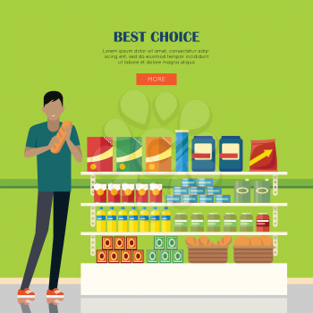 Best choice. Banner for supermarkets and grocery stores. Retail shop for buy product on shelf, purchase and department food. Interior hypermarket section marketplace. Vector illustration