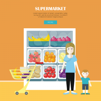 Supermarket design. Woman and little boy make shopping. People buying goods, marketing. Market shop interior, customer in mall, retail store. Part of series of people in supermarket interior. Vector