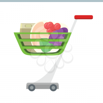 Shopping cart with products vector in flat style design. Supermarket equipment for goods transportation. Illustration for grocery store, retail companies advertising, icon for shopping services. 