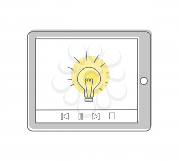 Lamp isolated on the tablet screen. Video marketing. Approaches, methods and measures to promote products and services based on video. Online video, internet technology and media social marketing