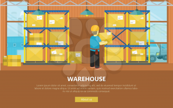Warehouse interior banner. Equipment delivery process of warehouse. Warehouse interior, logisti and factory, loader man in warehouse building exterior, business delivery, storage cargo illustration