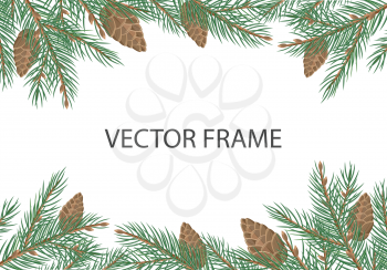 Vector frame with pine tree brunches, cones and copyspace. Flat style. Evergreen tree decoration. Celebrating winter holidays. For Christmas and New Year greeting cards, seasonal advertising design