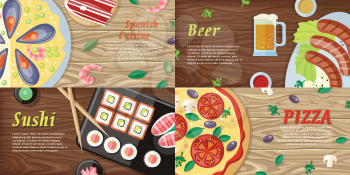 National dishes and drinks web banners. Pizza, beer, sushi, sea food horizontal concepts on wooden background. German, Japanese, Italian, Spanish cuisine famous dishes. For restaurants web page design