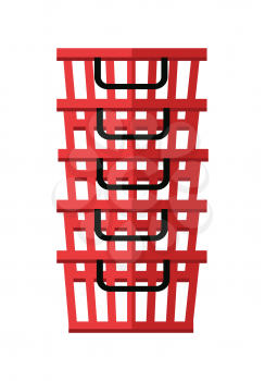 Heap of red shopping baskets. Plastic shopping baskets stacked. Isolated object in flat design on white background.