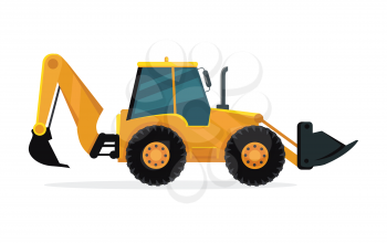 Loader vector illustration. Flat design. Heavy construction machine for earthworks. Illustration for building concepts, city works infographics, icons or web design. Isolated on white background