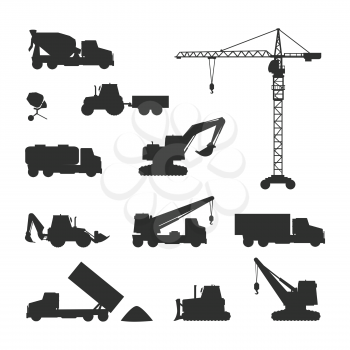 Construction machines silhouettes set. Building cranes, concrete mixers, excavators, trucks, bulldozer vector illustrations isolated on white background. For building company ad, infographics design