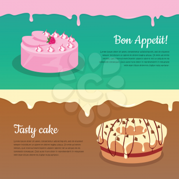 Bon appetit and tasty cake banners. Fruit cakes covered glaze, chocolate and cream flat vector illustration. Delicious baked sweets. For bakery, confectionery, culinary recipes web pages design  