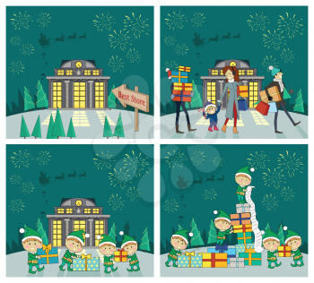 Set of Christmas celebrating vector concepts. Flat design. Holiday shopping with family in mall and fairy elfs packing gifts, fireworks and Santa on sleigh in sky. For seasonal sales, greeting cards