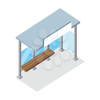 Urban bus stop. Public bus stop with shadow. Empty bus station with wooden bench. Bus stop icon. City isometric object in flat. Isolated vector illustration on white background.