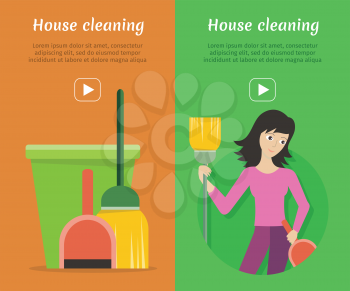 Set of cleaning service web banners. Flat style. House cleaning vector concepts with woman, broom and bucket. Illustration with play button for housekeeping online services, sites, video, animation 