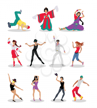 Dancing peoples. Men and women characters in modern and national clothes in different poses vector illustrations set isolated on white background. For app icons, logo, infographics, web design