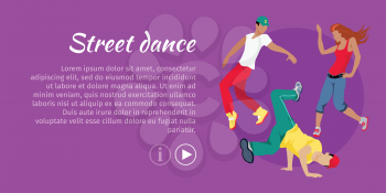 Street dance concept web banner. Flat style vector. Three break dancers, two man and girl dancing. Contemporary choreography. For dancing school, party, event, festival web page landing design