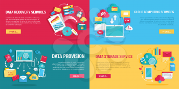 Data services set. Data provision, cloud computing services, data recovery service, data storage service banners. Networking communication and data icons on color background. Illustration in flat.