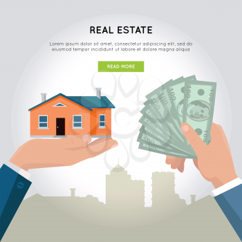 Real estate vector web banner in flat design. Hands with house and money. Realtor agreement. Buying and selling a new place for living. Illustration for real estate company web page design. 
