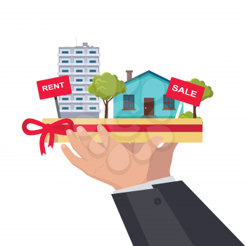 Real estate concept vector. Flat design. Hands holding salver with houses, trees, rent and sale signs on it. Illustration for real estate company advertising, housing concepts. On white background.