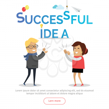 Successful idea web banner. Business solution. Man and woman clapping hands. Business team success in work. Cartoon characters strategic, solve problem with partnership challenge. Vector
