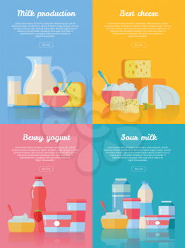 Milk production, best cheese, berry yogurt, sour milk conceptual banners set. Collection of traditional dairy products pictogram for farm, grocery store, cafe, diet and food delivery services