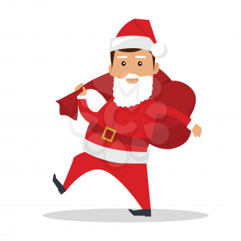 Santa Claus character vector. Flat design. Man dressed in Santa suit walking with bag of gifts on his back. Christmas, family values concept. Daddy with false beard. Isolated on white background.