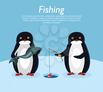 Fishing banner. Penguin animals on fish. Penguin holds fishing rod over hole in ice. Penguin with fresh fish. Winter landscape on background. Funny polar winter bird poster greeting card. Vector