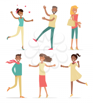Set of shopping people vector concepts. Flat design. Collection of smiling woman and man characters expressing emotions of joy. Pleasure of purchase. Illustration for sales and discounts.