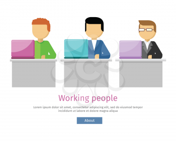 Working people web banner. Man work with laptop and analyze website in flat design style. Developing solution, software development or construction. Search of innovations. Vector illustration