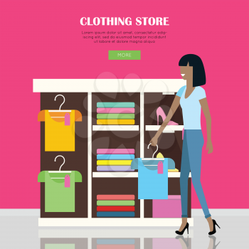 Clothing store illustration. Woman make her purchases in clothing shop. Shelves with clothes in shop. People shopping, marketing people, customer in mall, retail store illustration. Website template.