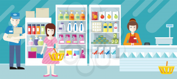 People in supermarket interior design. Security, shop assistant and consumer. Girl makes shopping in retail store. Seller put goods on shelves. Cashier sitting at the cash desk. Vector illustration