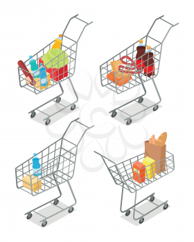 Set of trolleys with food. Supermarket equipment. Food products in shopping trolley flat style. Shopping cart icon, supermarket, food, product grocery and cart shopping, vegetable vector illustration