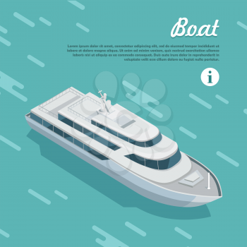 Boat sailing in sea. Boat watercraft designed to float, plane, work or travel on water. White cruise boat icon in flat style web banner. Cruise ship or cruise liner passenger ship. Vector illustration