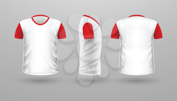T-shirt with red sleeve template set, front, side, back view. White color. Realistic vector illustration in flat style. Sport clothing. Casual men wear. Cotton unisex polo outfit. Fashionable apparel.