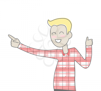 Happy smiling man in red shirt. Man icon. Successful man with thumb up gesture. Man rejoices, celebrates his victory, success, winner. Successful banner. Isolated object on white background