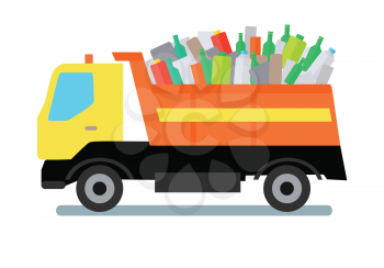 Garbage truck transportinggarbage, plastic and glass. Tipper with yellow cabin and orange vehicle. Garbage tipper with trash. Waste recycling concept. Cargo truck. Vector illustration in flat style