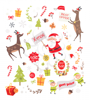 Set of objects for creation New Year and Christmas greeting cards. Santa Claus, gift box, fir tree, deer, elves, ball. Sale best offer concept. Big discounts. Elements for design. Vector illustration