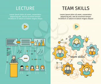 Lecture and team skills vector web banners. Flat style. Self development, personal qualifying training. Illustration for educational companies, career courses advertising, web page design