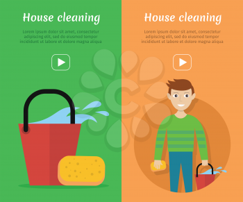 Set of cleaning service web banners. Flat style. House cleaning vector concepts with man, sponge and bucket. Illustration with play button for housekeeping online services, sites, video, animation 