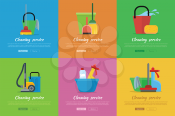 Set of cleaning service web banners. Flat style. House cleaning vector concepts with broom, vacuum cleaner, sponge, sprayer and household chemicals. Illustration for housekeeping online services