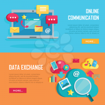 Online communication and data exchange conceptual banners. Online communication and exchange concepts. Data network internet web connection. Web posters internet technologies. Vector illustration