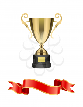 Gold trophy cup with red ribbon vector decoration icon. Shiny goblet with curly handles on pedestal, with glossy shaped and scroll string at bottom