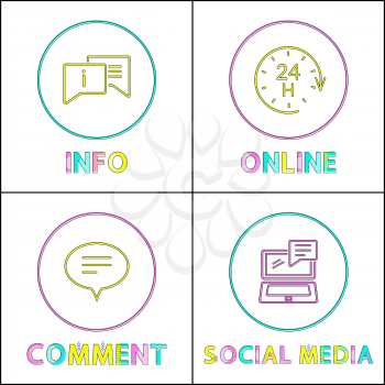 Internet functions round colorful linear icons set. Info page, online service, comment section and social media buttons outline vector illustrations.
