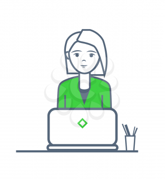 Woman working on laptop by table with pen and pencil isolated vector. Female looking at screen, job at office and duties of lady wearing formal suit