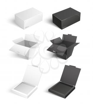 Mockup of cardboards, delivery packs signs. Containers templates vector icons. Boxes and packages made of paper and carton isolated pizza packagings