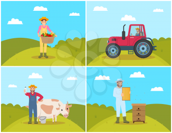 Farmer and tractor on field, agricultural machinery and workers set. Woman with pannier and vegetables veggies, beekeeper holding honeycombs vector