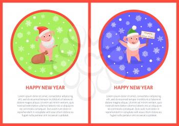 Happy New Year greeting in round frame, pigs in Santa costume, gifts sack and greeting signboard. Hats on piglets, symbolic animal, winter holidays vector