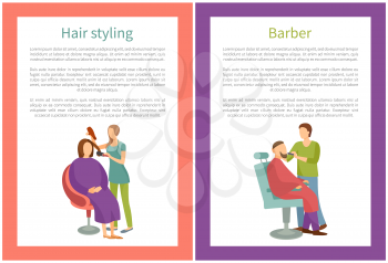 Hair styling and barber posters with text sample vector. Female and male hairdresser, fashion and care of head. Hairstyle and haircut changing process
