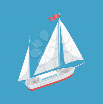 Sail boat with white canvas sailing vector illustration icon isolated. Modern yacht marine nautical personal boat with red flag on top, racing marine yacht